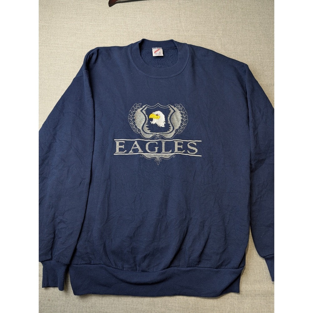 VTG USA Jerzees Eagles Sweatshirt Blue Embroidered Logo Crewneck Pullover Size L